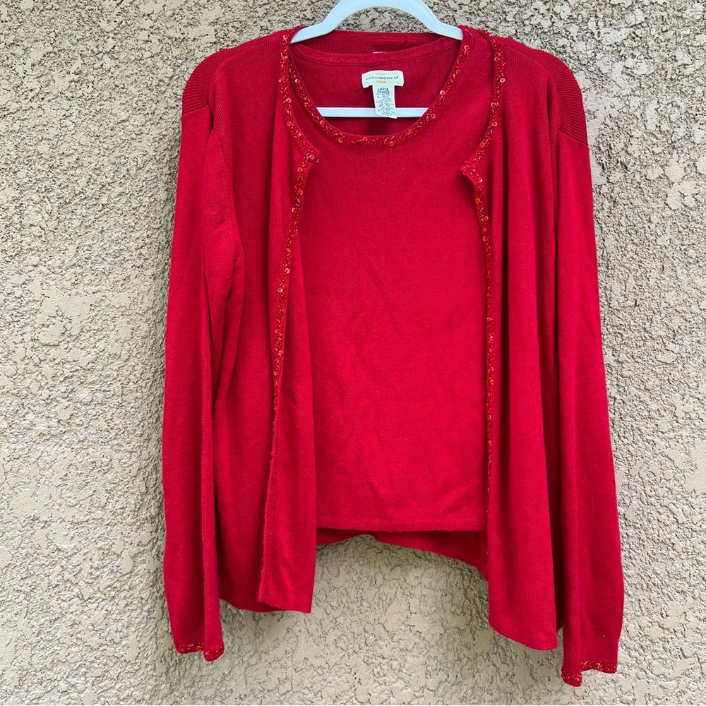 Yarnworks Red Sweater Tank Top 2 Pc Set Women's L Large Embellished Beaded Trim‎